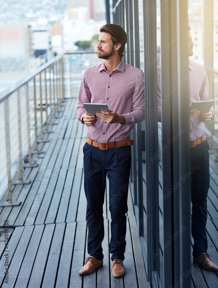 Poster City, planning and business man on tablet for research online, thinking and vision. Technology, building inspector and worker outdoor with idea for safety compliance, mindset and insight on balcony