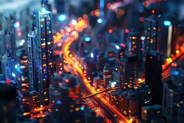 Obraz premium A cityscape with a busy street with a lot of lights and buildings