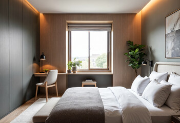 Fototapeta premium Modern Minimalist Bedroom Interior Design With Workspace Home Decor Ideas Apartment Living Cozy Comfortable Tranquil Space With Natural Light And Plants