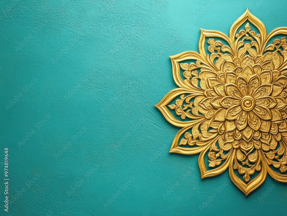 Poster elegant golden mandala design on a textured teal background, perfect for adding a touch of sophistic