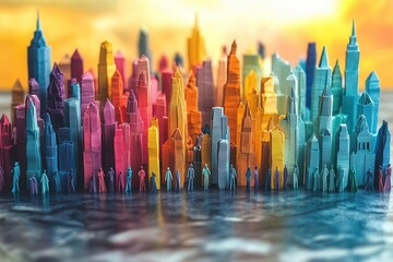 vibrant origami cityscape diverse paper people figures populating streets geometric architecture rainbow color palette whimsical and inclusive community concept