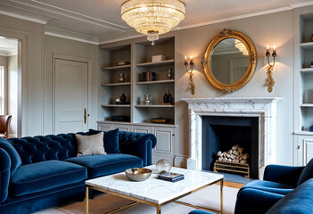 Luxurious living room interior design with blue velvet sofa fireplace and gold accents