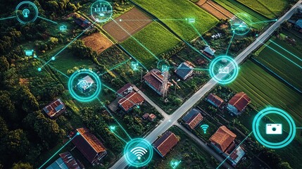 An aerial view of a rural area with digital infrastructure development, showing internet towers and local businesses using digital tools