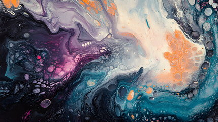 Abstract fluid art, acrylic pouring background in many colors, colorfu paint wirh splashes and waves