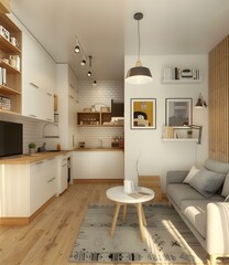 Obraz premium Minimalist Living Room With White Cabinets And Wooden Flooring