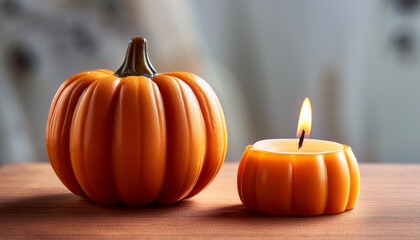 Warm autumn scene with pumpkin and burning candle. Fall Thanksgiving decor. Autumnal farm harvest.
