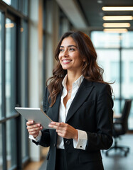 Fototapeta premium Successful Young Businesswoman Using Digital Tablet in Modern Office Building Corporate Businesswoman Entrepreneur Smiling at Work Leadership and Technology in Business Concept