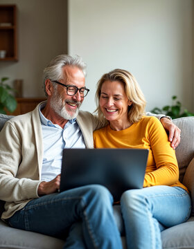 Happy senior couple using laptop at home living room mature man and woman enjoying online shopping or video call on computer laughing and relaxing on sofa together older adults technology concept