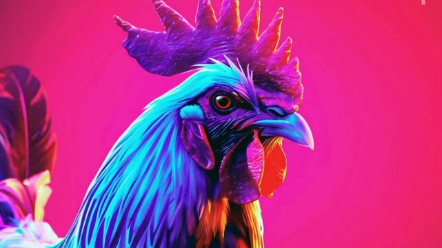 close up of a rooster with neon lights 