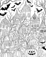 Halloween Coloring Page: Spooky and Fun with Witches, Pumpkins, and Haunted Houses - Clean Line Art for All Ages