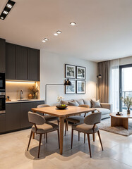 Fototapeta premium Modern apartment interior design dining and living room with open kitchen