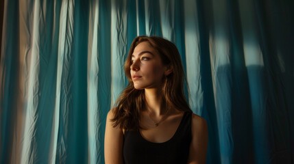 Obraz premium portrait of beautiful woman with blue curtain type background