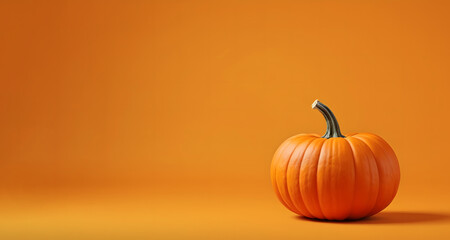 Pumpkin on orange background. minimal halloween, fall banner, background with copy space