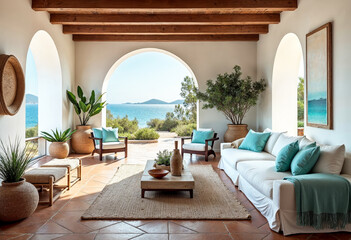Fototapeta premium Luxury coastal living room interior with ocean view terrace furniture home decor and white sofa