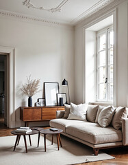 Bright living room interior design in neutral colors with comfortable couch wooden coffee tables and vintage retro cabinet with decorations in real apartment home decor