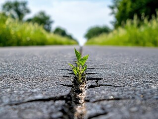 A worn street path with cracks and weeds growing between the concrete slabs, creating a raw, gritty urban vibe street path, gritty, street ground nature