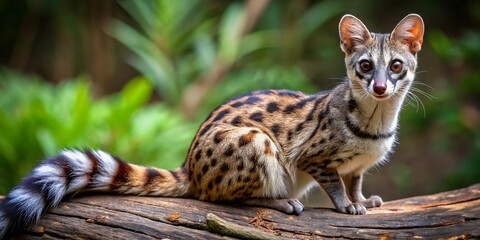 Obraz premium A sleek genet, its slender body and tail stretching out, gazes up with curious eyes, its fur a