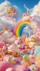 Image of Fantasy village, kingdom or town made of sweets, ice-cream, marshmallow, cookies, candies, lollypops, cakes, cupcakes, rainbow, street view. Colorful sweet world with houses and buildings. printed on Printed Glass Basin Splashbacks