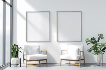 Elegant modern seating area featuring two white armchairs and empty picture frames, bathed in natural light with lush greenery.