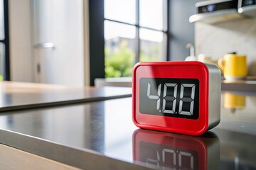 A sleek, modern kitchen timer displays forty minutes in bold red digits, standing upright on a clean, minimalist
