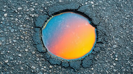 A puddle with an oil slick shimmering on the gritty asphalt, surrounded by rough pavement oil slick, gritty, street ground