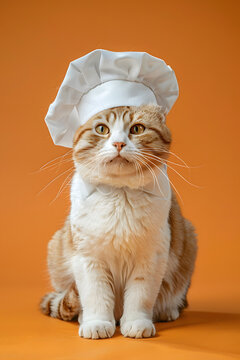 Cute cat chef with hat on color background.