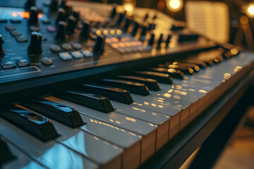 A keyboard with a black and white design sits on a black stand