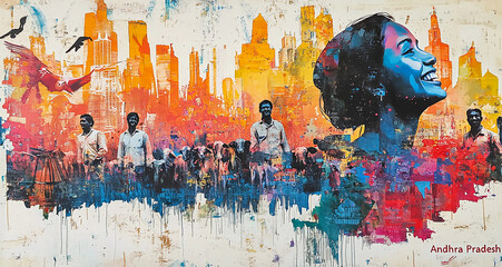 Graffiti image of a youth from "Andhra Pradesh", an Indian state on a colorful backwall of city streets, Concept of promoting Indian States and Indian youth with modern art