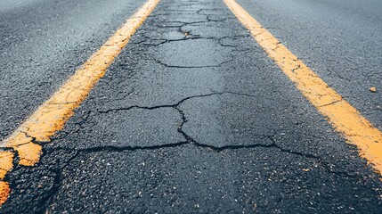 A worn-out asphalt road with faded lane markings and potholes, capturing the gritty essence of the city asphalt road, gritty, street ground