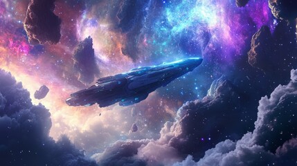 Fototapeta premium Spaceship soaring through a galaxy of stars and nebulae.