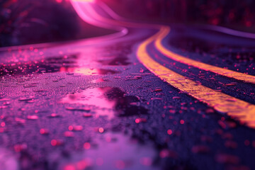 A road with a yellow line and a pink reflection of the road