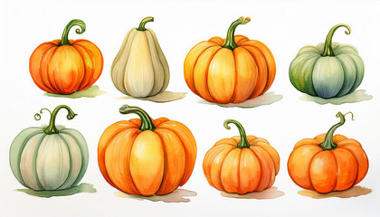 Vibrant set of watercolor pumpkins, autumn season. Autumnal vegetables on white. Thanksgiving holiday