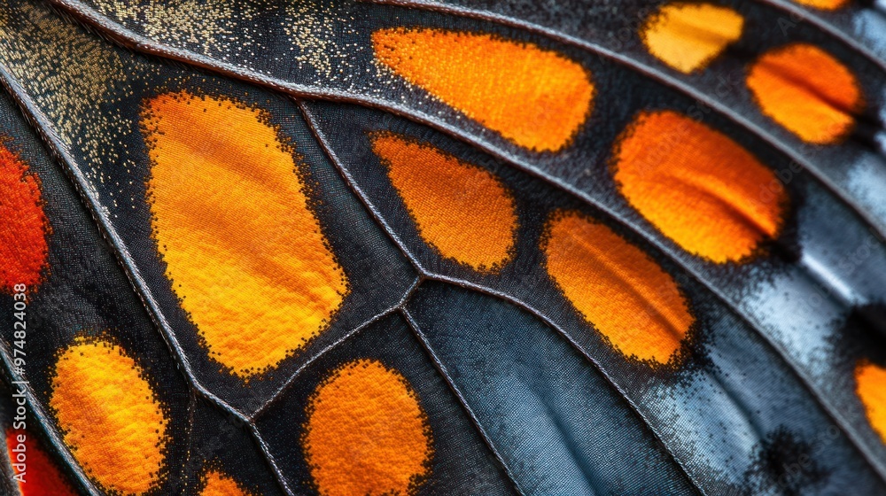 Sticker A Close-Up of a Butterfly Wing with Orange, Blue, and Black Patterns