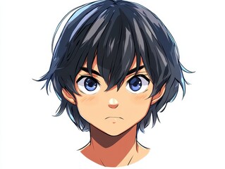 Anime Boy with Stylish Hair and Intense Gaze - Digital Illustration Headshot on White Background