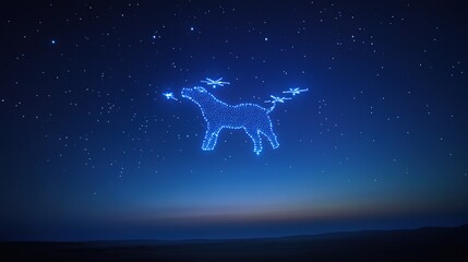 Drone photograph of light drones forming an animal shape in the night sky, creative technology display