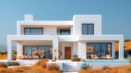 Modern white house with a pool and patio.