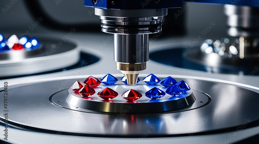 Poster precision machining scene showing a cnc spindle and gemstones arranged on a metallic work surface. s