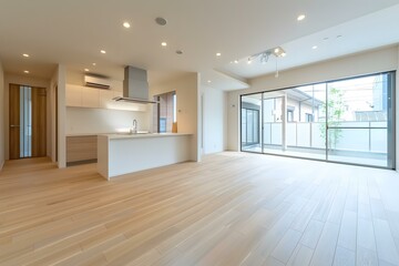 Obraz premium Modern Minimalist Kitchen and Living Room Interior Design With Wooden Floor