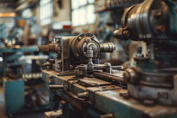 Fototapeta premium A machine with a large grinding wheel is in a factory