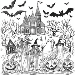 Halloween Coloring Page: Spooky and Fun with Witches, Pumpkins, and Haunted Houses - Clean Line Art for All Ages