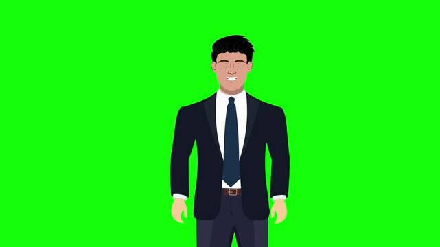 Business man cartoon character talking animation front view green screen