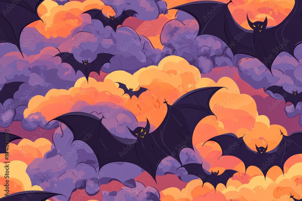 Wall mural halloween cartoon bats cloud seamless pattern.