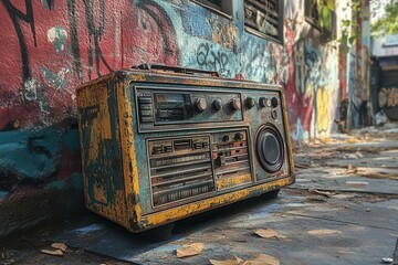 vintage boombox in grungy urban setting vibrant graffiti backdrop retro 80s nostalgia dramatic lighting music culture artifact