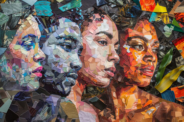 A collage of four women's faces with a green leaf in the background