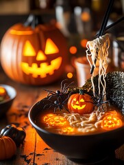 Spooky Halloween-themed noodle bowl adorned with pumpkin decorations and spiders, perfect for festive culinary ideas.