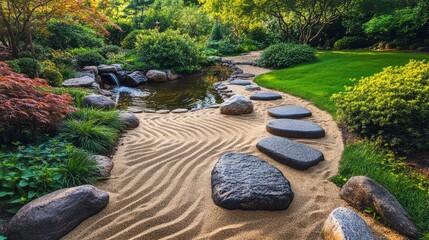 Tranquil Zen Garden: Raked Sand, Smooth Stones, & Serene Stream