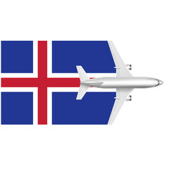 Iceland Bound: A silver passenger jet soars across an Icelandic flag, symbolizing travel and tourism to the Land of Fire and Ice. 