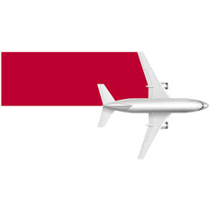 Airplane Taking Off with Indonesian Flag: A white passenger plane takes off over a red and white Indonesian flag. This image is perfect for travel, tourism, and transportation related themes. It evoke