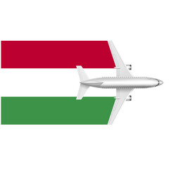 Hungarian Travel: A white airplane soars over the Hungarian flag, symbolizing adventure, freedom, and exploration. 