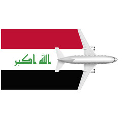 Iraq Air Travel: A sleek passenger airliner soars across the iconic Iraqi flag, symbolizing journeys, connections, and the spirit of exploration within the nation. 